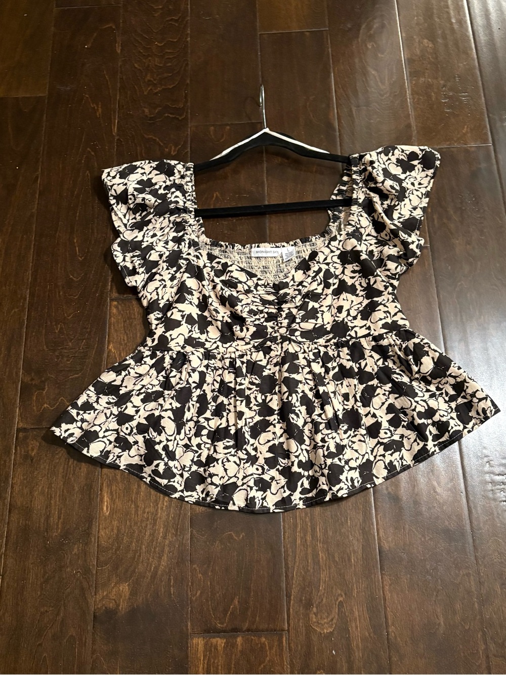 Floral Square-Neck Peplum Blouse in Black and Cream